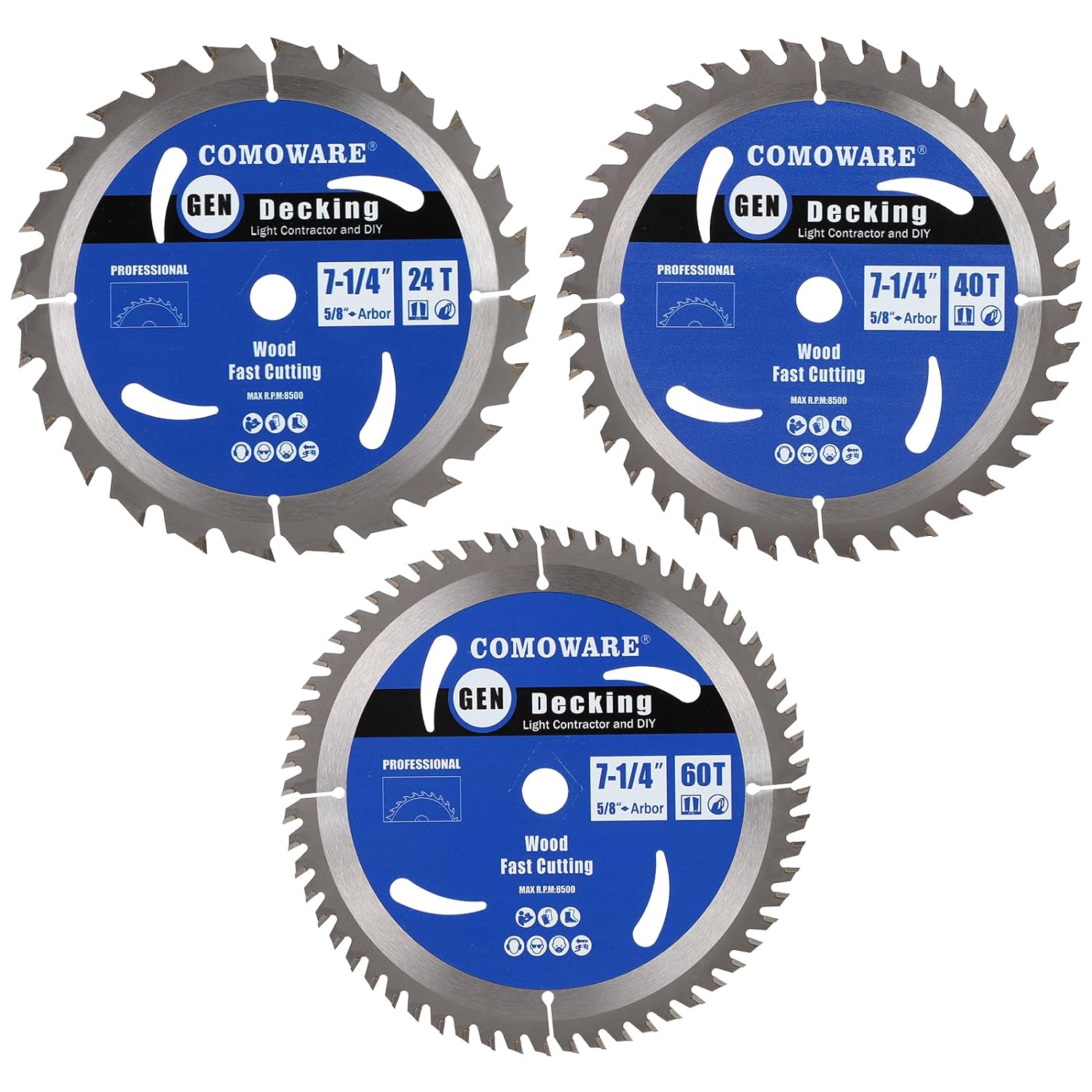 COMOWARE Combo 3Pack Circular Saw Blades with 5/8 Arbor, TCT ATB 24T Framing, 40T Crosscutting, 60T Finish Saw Blade