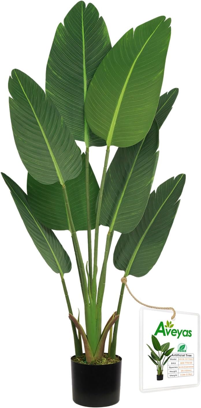 Aveyas 4ft Artificial Bird of Paradise Tree for Home Decor, 4 Feet Faux Floor Plant Fake Silk Banana Leaf Tropical Trees with Pot for Indoor Outdoor House Living Room (4 ft Tall)