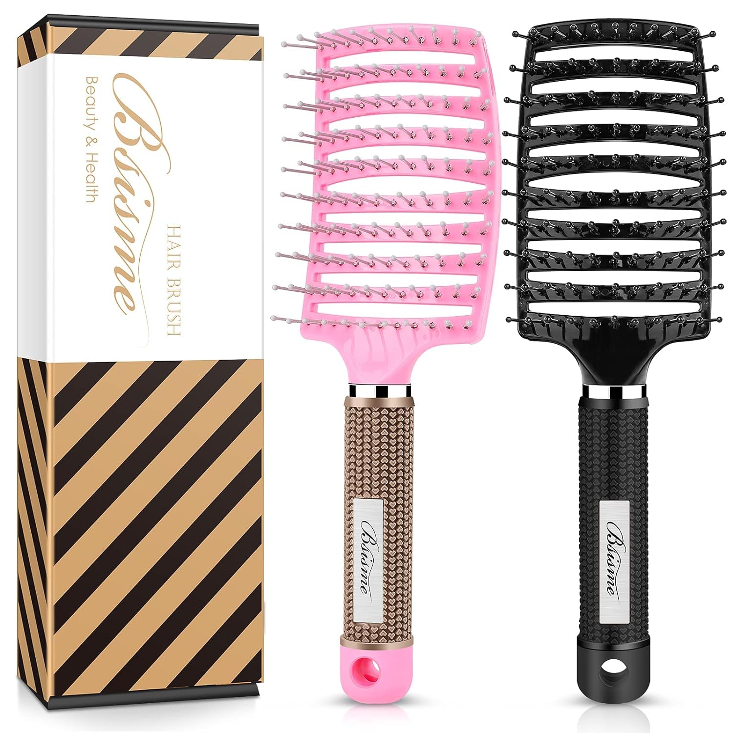 Hair Brush Set, Curved Vented Detangling Hair Brushes for Women Men Kids, Professional Vent Styling Brush for Wet Dry Curly Thick Straight Hair Fast Blow Drying Brush (Pink+ Black)