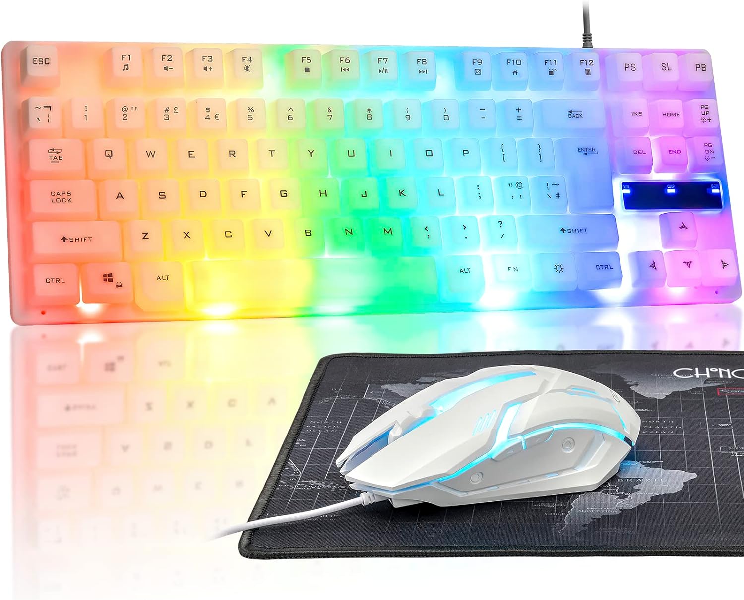 Small White Gaming Mouse and Keyboard, CHONCHOW Rainbow LED Light Up Keyboard 87-Key, 7 Color Breathing Mode LED Light Gaming Mouse 4 Levels of DPI, White Keyboard and Mouse for PC laptop Xbox PS4 PS5