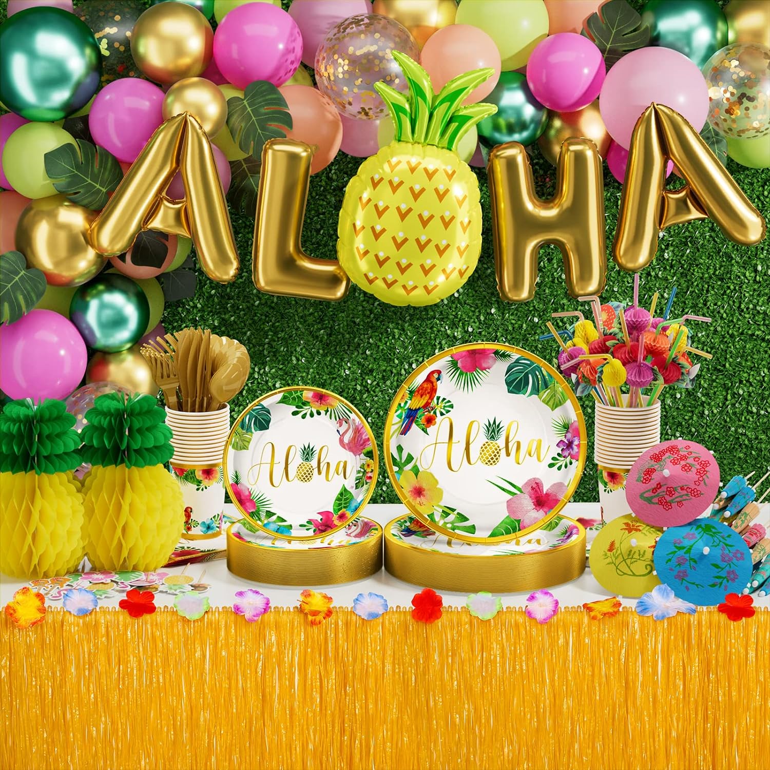 Tiblue Hawaiian Luau Birthday Party Decorations 329PCS Tropical Aloha Party Supplies for Summer Beach Decor Disposable Dinnerware Set (25 Guest) with Plates Napkin Cups Table Skirt Straws Balloon Kit