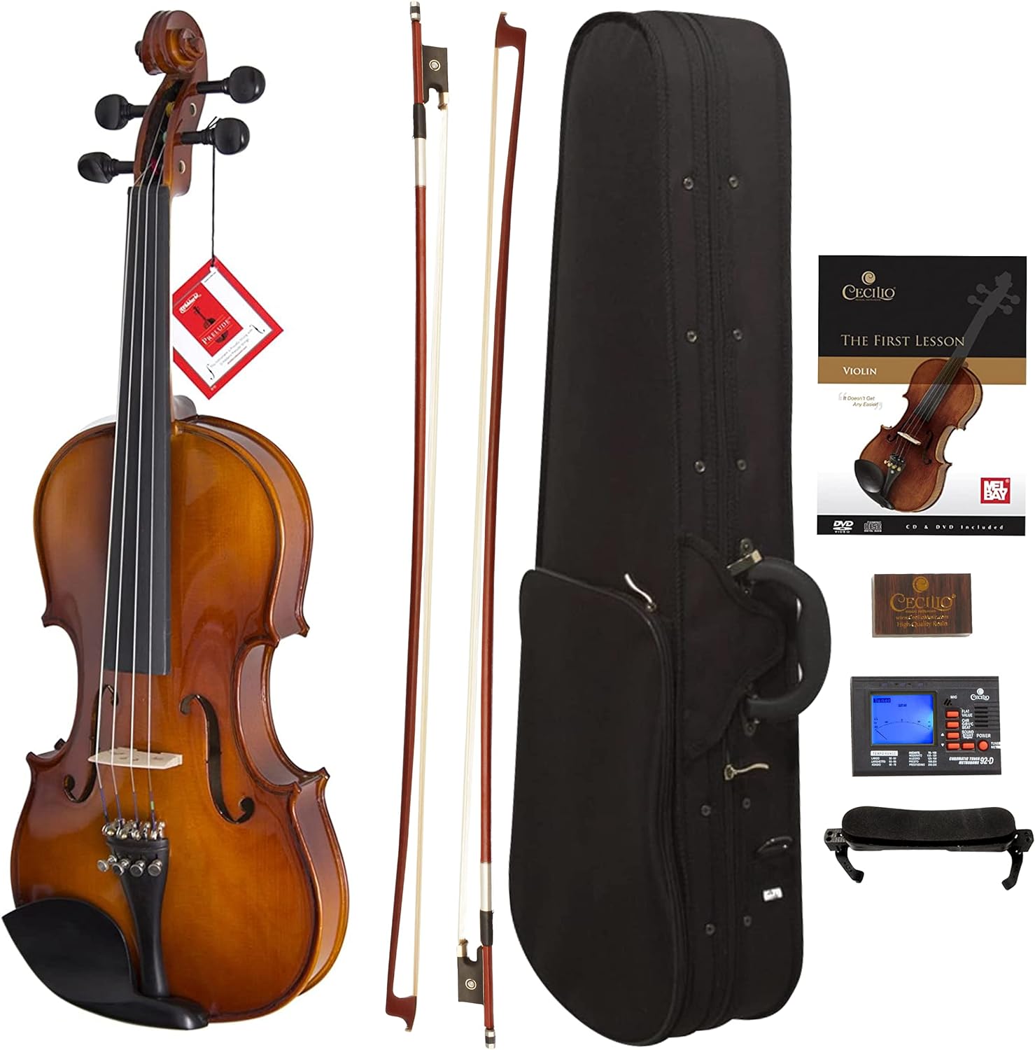 I'm an adult beginner who always wished I learned to play violin. I'm not getting any younger, so I decided to just go for it. Having no experience purchasing a violin before, I did a TON of research and watched video reviews by several professionals. I'll save you some time. Buy this violin. Not only a beginner instrument, it should also take you into your intermediate years, which was a big plus in making my decision. The sound quality is great, at least to me, but obviously it's not going to sound like a professional instrument. The violin itself is beautiful and glossy. I did have some issues in the beginning with the pegs slipping but that seems to be normal for a brand new instrument (they don't slip anymore). It stays in tune quite nicely with just minor adjustments with the fine tuners. The fingerboard did make my fingertips black for a while, but that wore off fairly quickly. I really love this instrument!I am giving it 5 stars because the instrument itself is great, however the add ons... not so much:- Bows: It comes with 2, which is nice and they seem decent, but I had a nicer bow given to me and it's definitely better.- Shoulder rest: Do yourself a favor and just add a better one to your cart right now, you'll be happy you did. This thing is absolute junk, extremely uncomfortable, and didn't hold the violin in the right place no matter what I did to adjust it. When I got a better one it was a world of difference!- Rosin: Seems decent and I used it for a while (it did need to be scored first) but I bought some jade rosin a month or so ago and I could immediately hear the sound was better (and I'll take anything that makes me sound even slightly better at this point!).- Strings: It's been three months am still using the ones that came with the instrument. They seem great to me! I wish it came with a second set!- Tuner/metronome: I never even put batteries in it. It doesn't seem like something that's well made. I just use an app on my phone.- Lesson book: This book is awesome! It's pretty much the only book I am using, and my tutor also agrees it's a great beginner book. Obviously it starts with the basics and builds you up. It indicates there are songs on a disc that match up, but my book did not come with a disc. There is a link on the very first page where you can download the songs though, which is VERY helpful!- Case: Decent. It has a zipper pocket on the outer top of the case, perfect for a small notebook. The lesson book is a little too big to fit in it all the way though. The case closes with a zipper and velcro flap. There's a space inside to store your rosin and extra bridge. The case lid doesn't stay open though, which is annoying. The hinge should allow it to go back just an inch more so it doesn't slam shut on you. Otherwise, it's a case and it does its job.All in all, I am super happy with my purchase and learning to play has been such a joy (and not as hard as I thought it would be)!