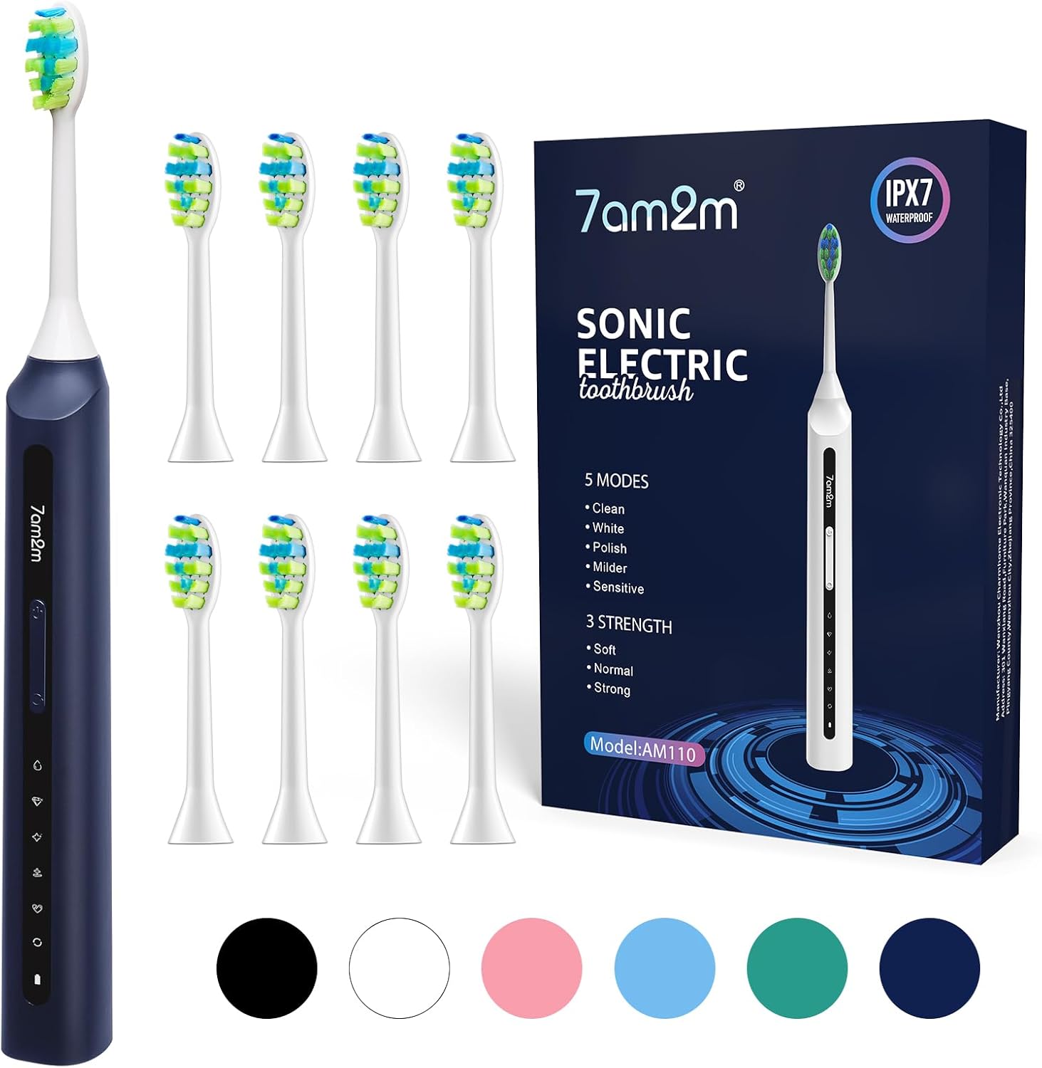 7AM2M Sonic Electric Toothbrush, High Power Rechargeable Toothbrushes, with 8 Brush Heads for Adults and Kids, 15 Adjustable Modes, Built-in 2-Minute Smart Timer, 4 Hours Fast Charge(Navy Blue)