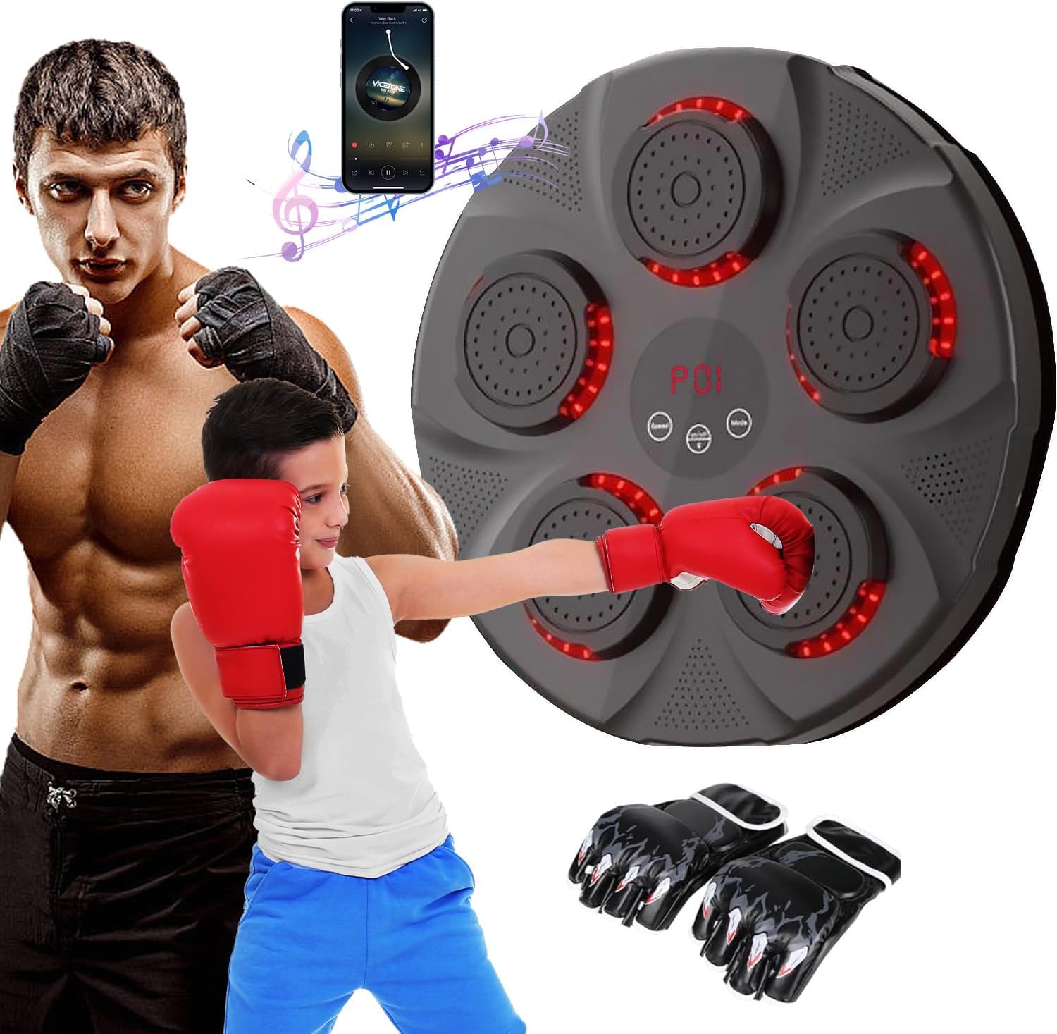 Music Boxing Machine with Boxing Gloves, Smart Bluetooth Boxing Equipment, Wall Mounted Target Training Punching Boxing Machine for Adults, Kids, Home, Indoor, Workout and Gym