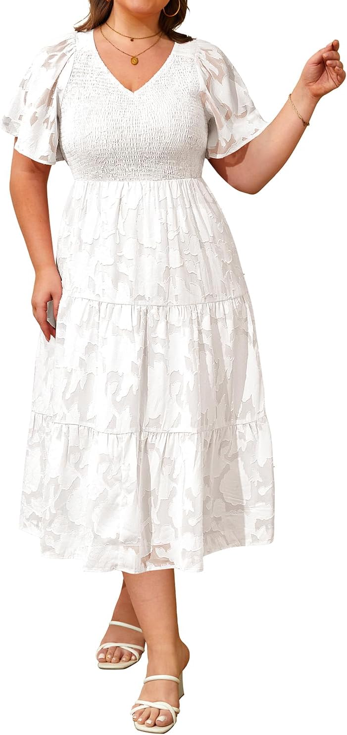 Pinup Fashion Plus Size Summer Casual V Neck Flutter Sleeve Floral Lace Smocked Flowy Tiered Midi Dresses 2024