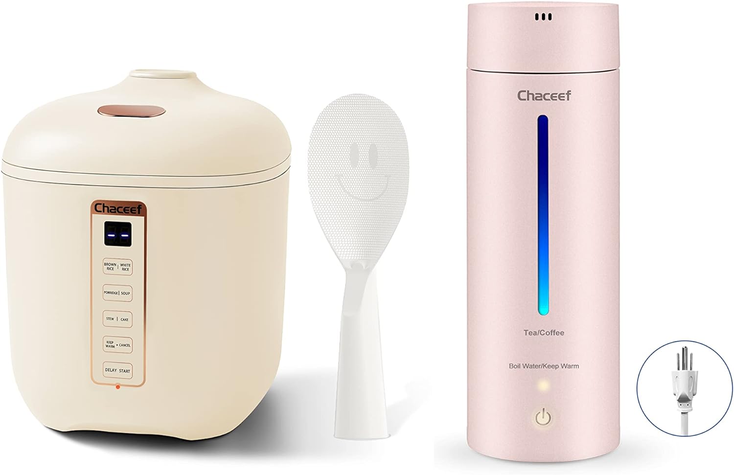 CHACEEF Mini Rice Cooker 2-Cups Uncooked, 1.2L Portable Non-Stick Small Travel Rice Cooker Beige & CHACEEF Travel Electric Kettle, 350ml Small Portable Kettle with Non-stick Coating, Pink