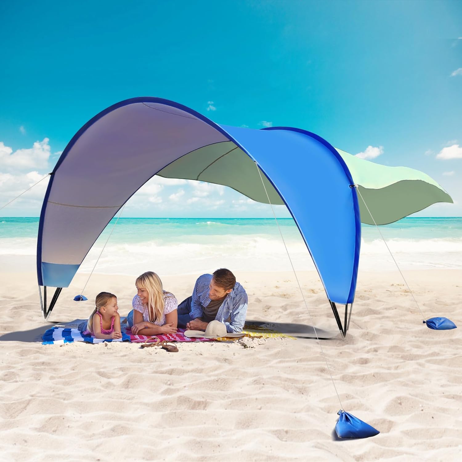 TOBTOS Beach Tent Sun Shelter with UPF50+ Protection, 11.5' x 10.5' Beach Canopy Fit 4-6 Person, Outddor Camping Sun Shade with 6 Sandbags for Beach, Backyard, Picnic