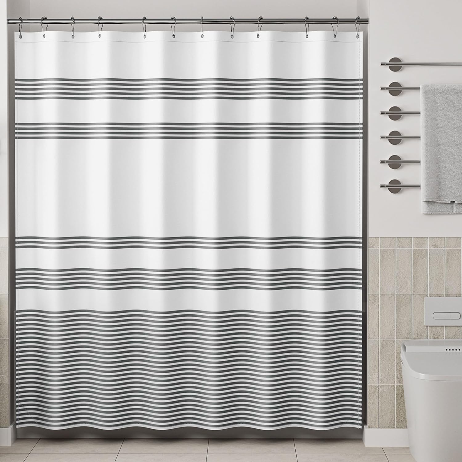 AmazerBath Shower Curtain, Washable Cloth Black Shower Curtain Sets with 12 Shower Curtain Hooks, Fabric Rustic Black and White Striped Shower Curtain, Farmhouse Bathroom Shower Curtain, 72x72 Inches