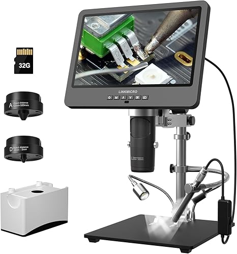 LM249ES 3 Lens 10.1 HDMI Digital Microscope 2000X with 360 View Camera Handheld, Electronic Microscope Endoscope for Soldering Repair, UHD 2160P Video Microscope for Adults [13 Boom Arm Stand] 32GB