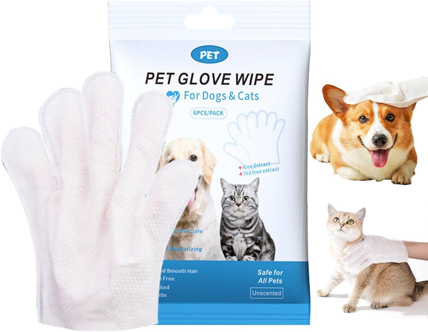 Pet Bath Wipes for Dogs and Cats 6 PCSDog Wipes Thickened Material Cleaning Deodorizing Bathing Wipes Dog Washing Gloves Nourishing Grooming Furfor Daily Care and Traveling Give Your pet 6 Baths!