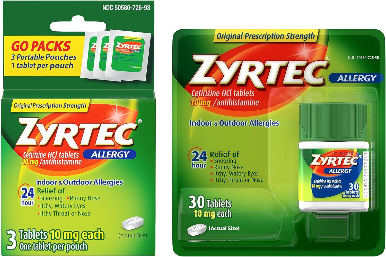 Zyrtec 24 Hour Allergy Relief Tablets, Indoor & Outdoor Allergy Medicine with 10 mg Cetirizine HCl Antihistamine for Allergies, Bundle of one, 30 ct Bottle & Three,1 ct Travel Packs