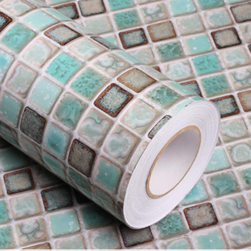 Abyssaly Mosaic Adhesive Wallpaper Thick Self-Adhesive Removable Peel and Stick Wallpaper for Bathroom Kitchen Teal Green Countertop Wallpaper Mosaic Paper 15.7 x 78.7