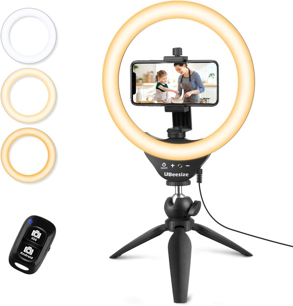 UBeesize 10" Selfie Ring Light with Tripod Stand & Cell Phone Holder, Dimmable Desktop LED Circle Light for Live Streaming/Makeup/YouTube/TIK Tok, Compatible with iOS and Android Phones Black