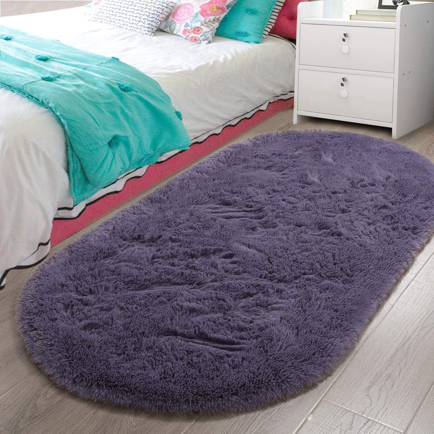 LOCHAS Fluffy Grey Purple Bedroom Rug 2.6 x 5.3 Feet, Shaggy Area Rugs for Bedroom Bedside Girls Kids Room, Soft Oval Runner Rugs Carpets for Living Room Home Decor