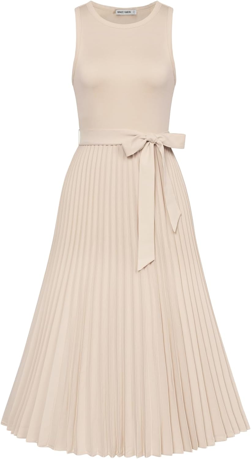 GRACE KARIN 2024 Women' Casual Summer Sleeveless Pleated Flowy Midi A-line Dresses with Belt