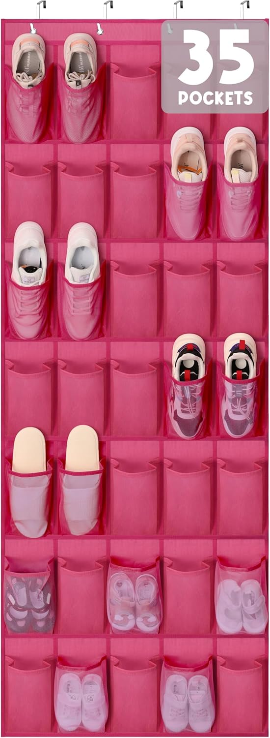 Tiblue Over The Door Shoe Organizer 35 Mesh Pockets Hanging Shoe Organizer Shoe Rack Door Closet Entryway Bedroom Pantry Organizer - Shoe Holder Hanger For Sneakers, Women High Heeled Shoe Magenta