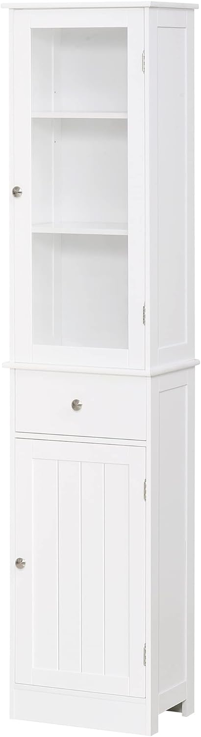 kleankin Slim Bathroom Storage Cabinet, Tall Bathroom Cabinet, Narrow Linen Tower with Acrylic Door, Drawer and Shelves, White