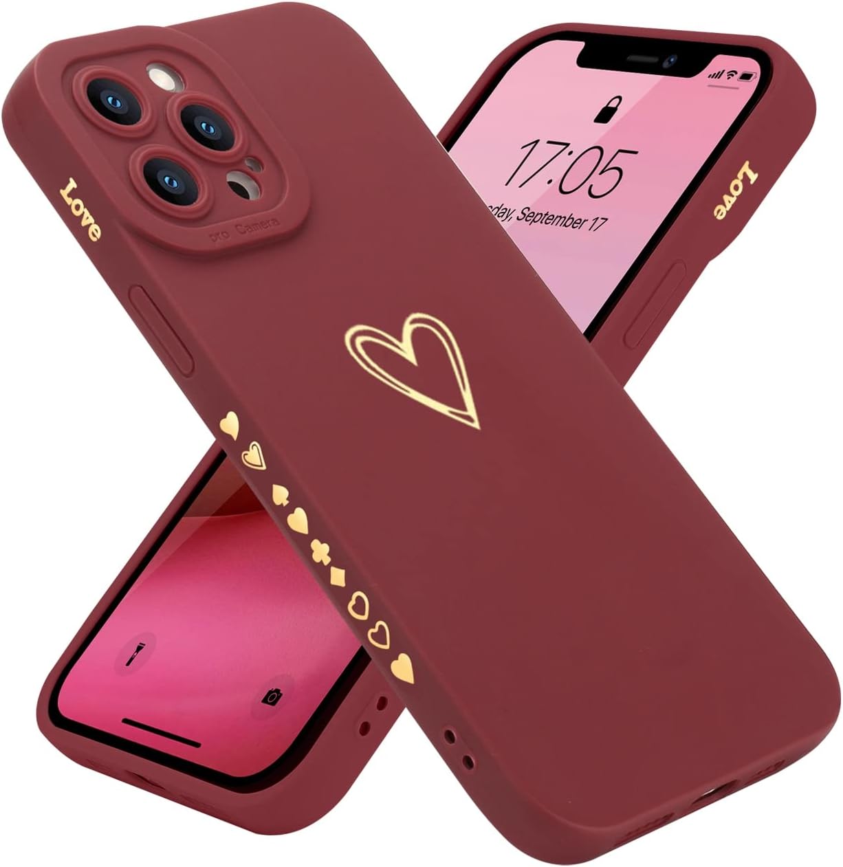 Teageo iPhone 12 Pro Max Case 6.7 - Luxury Heart for Women & Girls, Soft Anti-Scratch Camera Protective Cover - Burgundy