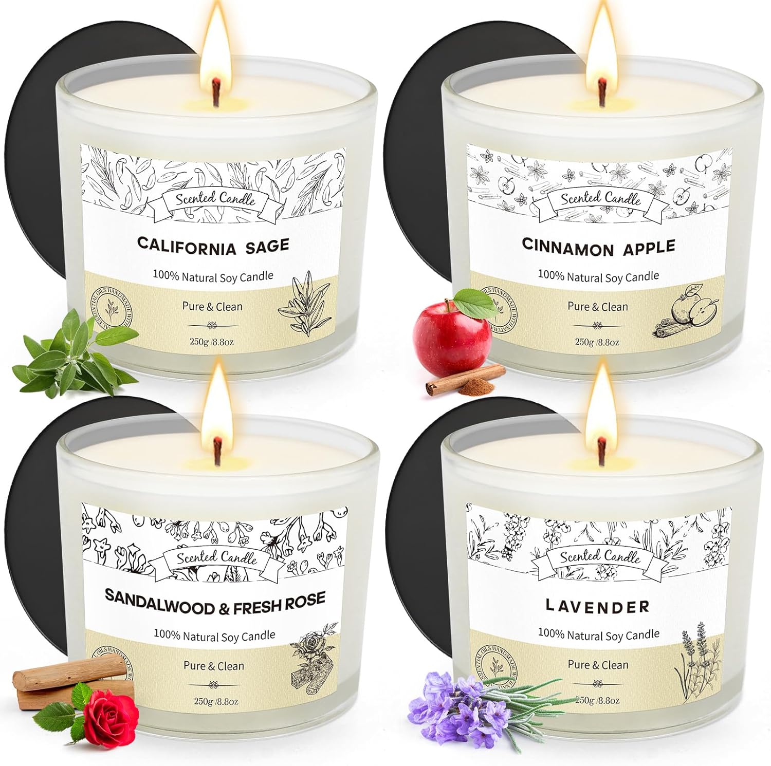 Candles for Home Scented 4 Pack 36 Oz Candles Gifts for Women Fragrance Candles Lavender Sage Apple Cinnamon Fresh Rose Large Soy Scented Candles Long-Lasting Aromatherapy Candle Set