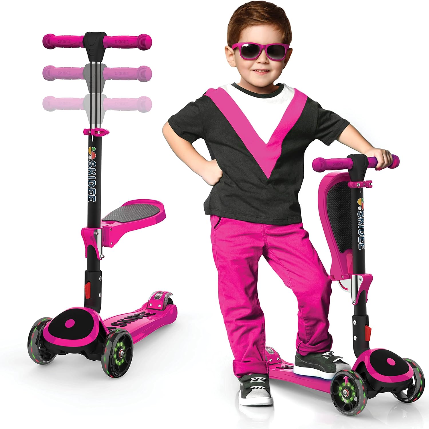 Kick Scooters for Kids Ages 3-5 (Suitable for 2-12 Year Old) Adjustable Height Foldable Scooter Removable Seat, 3 LED Light Wheels, Rear Brake, Wide Standing Board, Outdoor Activities for Boys/Girls