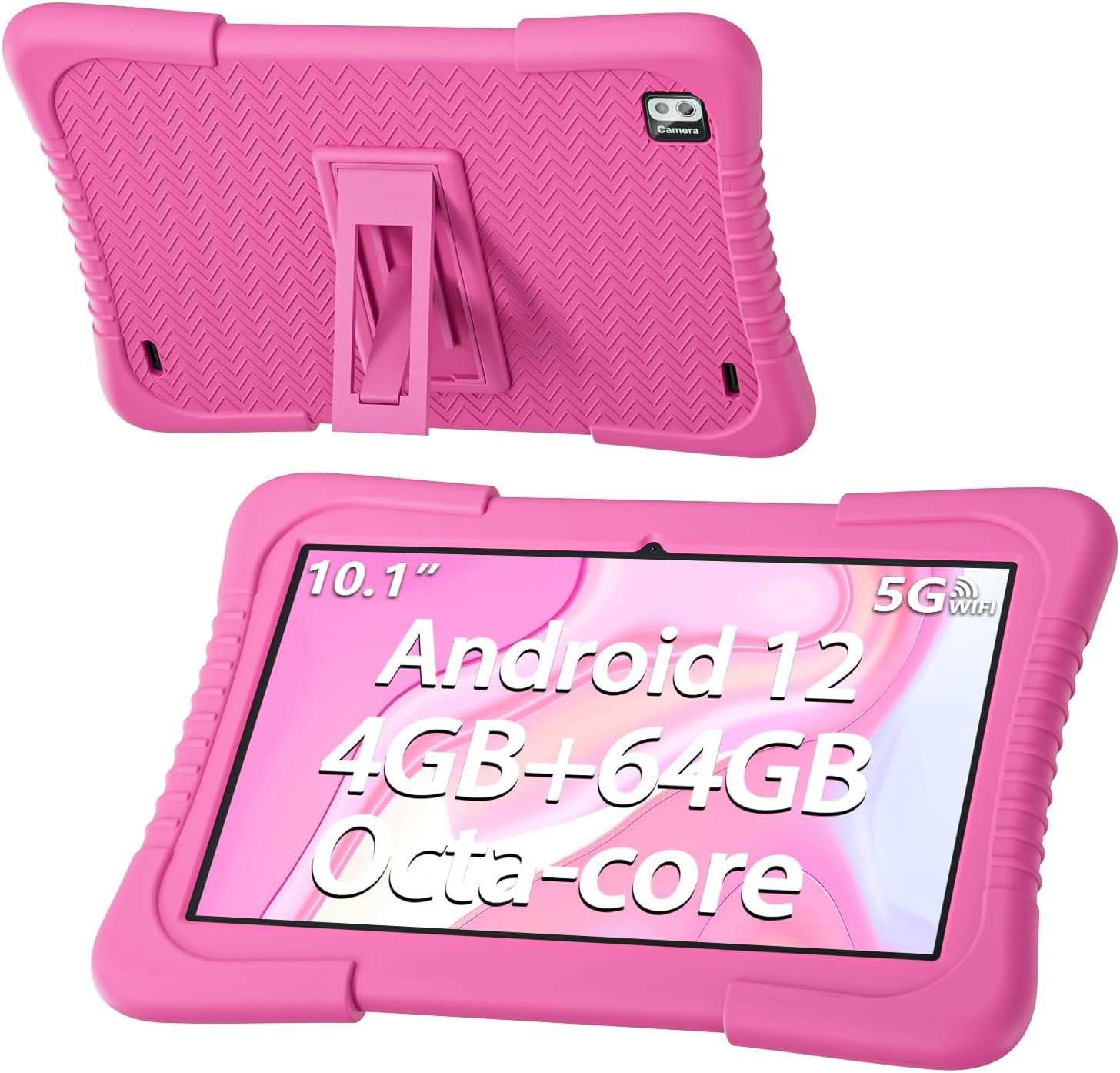 SGIN 10 Inch Kids Tablet 4GB RAM 64GB ROM, Android 12 Tablet with Proof Case, Octa-Core 2.0Ghz Processor, 1280 * 800 IPS, 2MP+5MP Camera, 6000mAh, GPS, WiFi, Bluetooth（Pink）