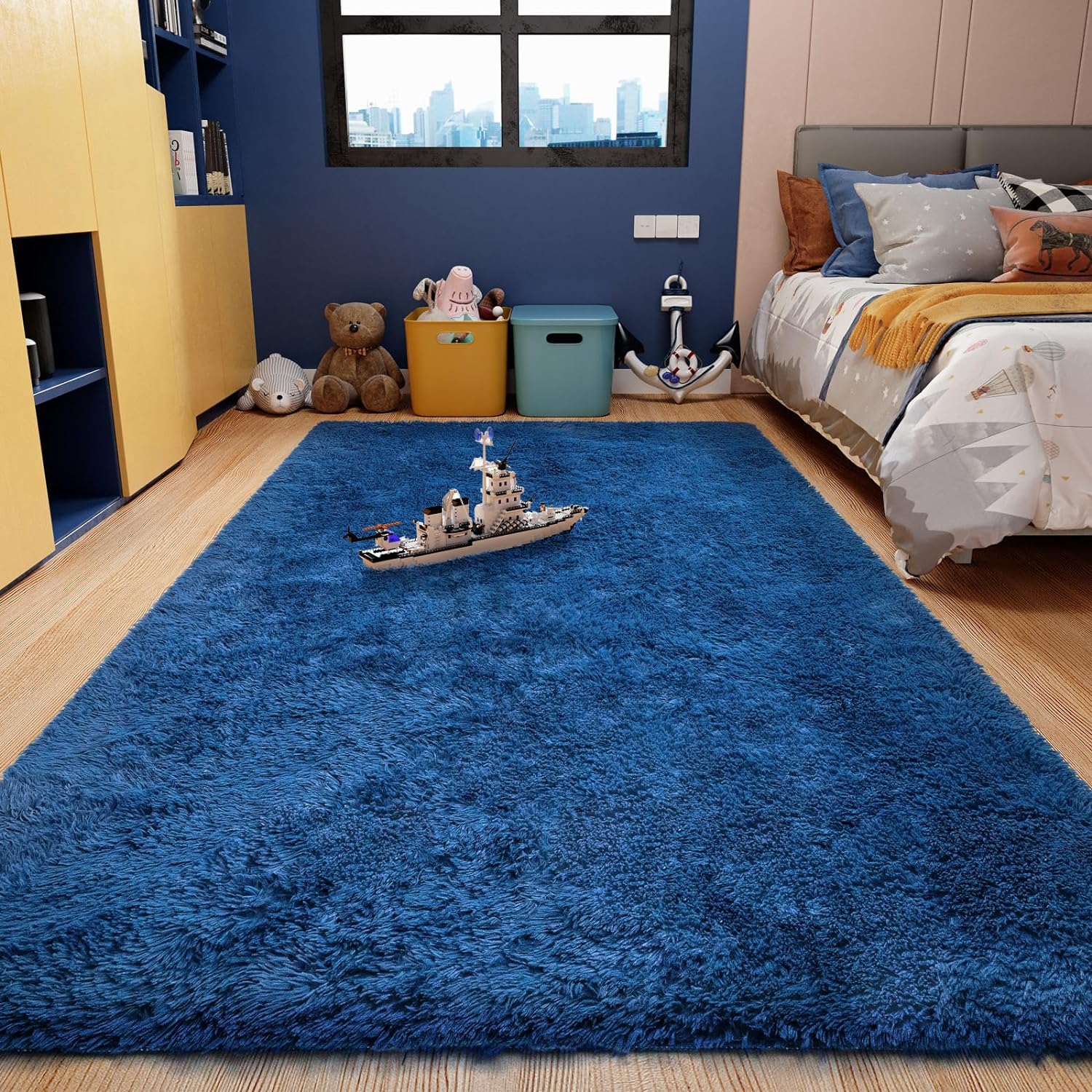 Ophanie Machine Washable Upgrade 4x6 Blue Rugs for bedroom, Dark Blue Fluffy Shaggy Soft carpet, Navy Indoor Floor Carpet for Kids Baby Boys Teen Dorm Room, Nursery,Home Decor Aesthetic