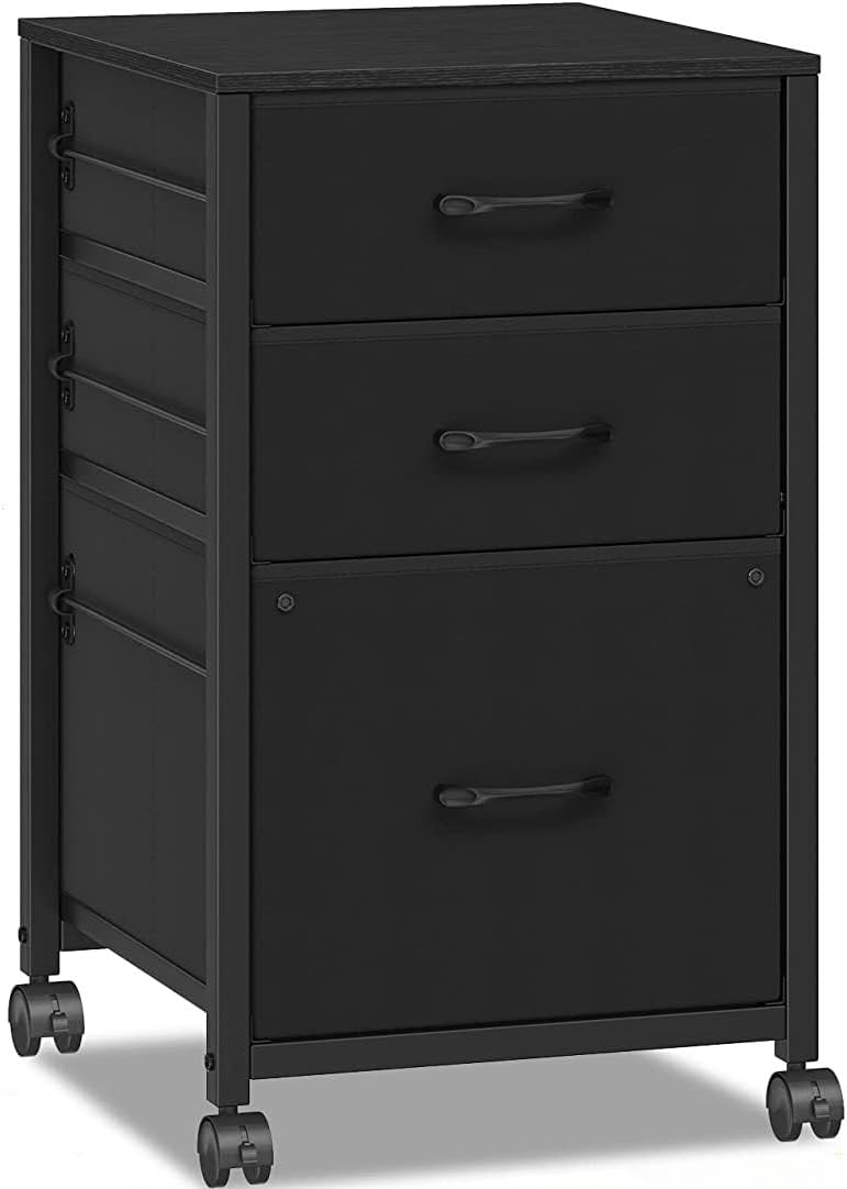 Raybee 3 Drawer File Cabinet Printer Stand Filing Cabinet Rolling File Cabinets for Home Office Fabric Vertical Office Storage Cabinet Fits A4, Legal, Letter Size, 16.9 D*15.6 W*26.6 H, Black