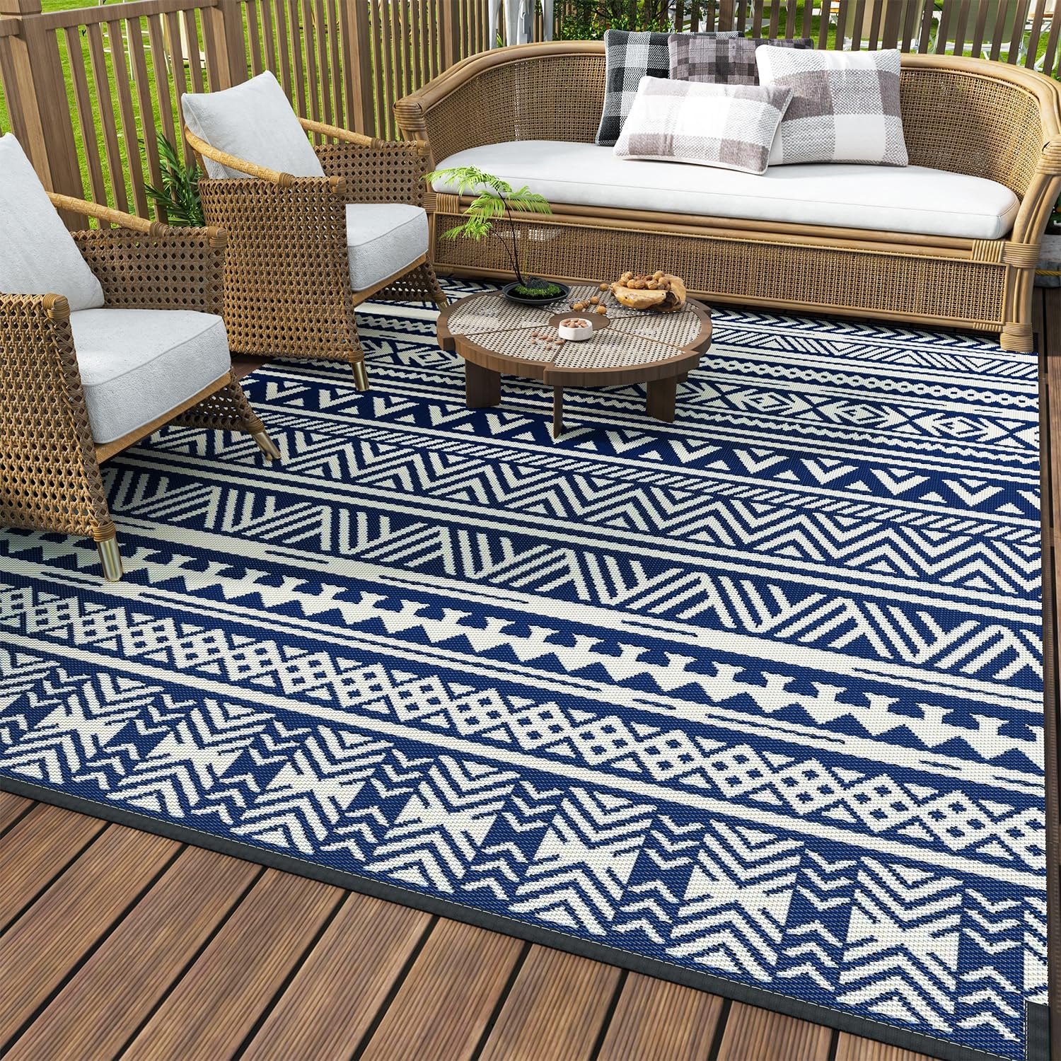 MontVoo-Outdoor Rug Carpet Waterproof 5x8 ft Reversible Patio Rug RV Camping Rug-Plastic Straw Rug Outside Indoor Outdoor Area Rug for Patio Deck Balcony Picnic Beach Outdoor Decor Boho Navy Blue