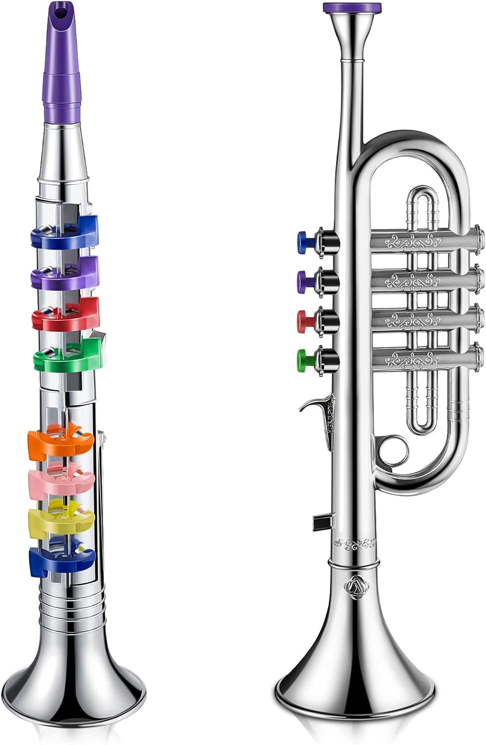 Set of 2 Musical Instruments Including Toy Clarinet and Toy Trumpet, Plastic Trumpet Toy Instruments Portable Clarinet with 8 Colored Keys Early Educational Toys for Little One Musical Gifts