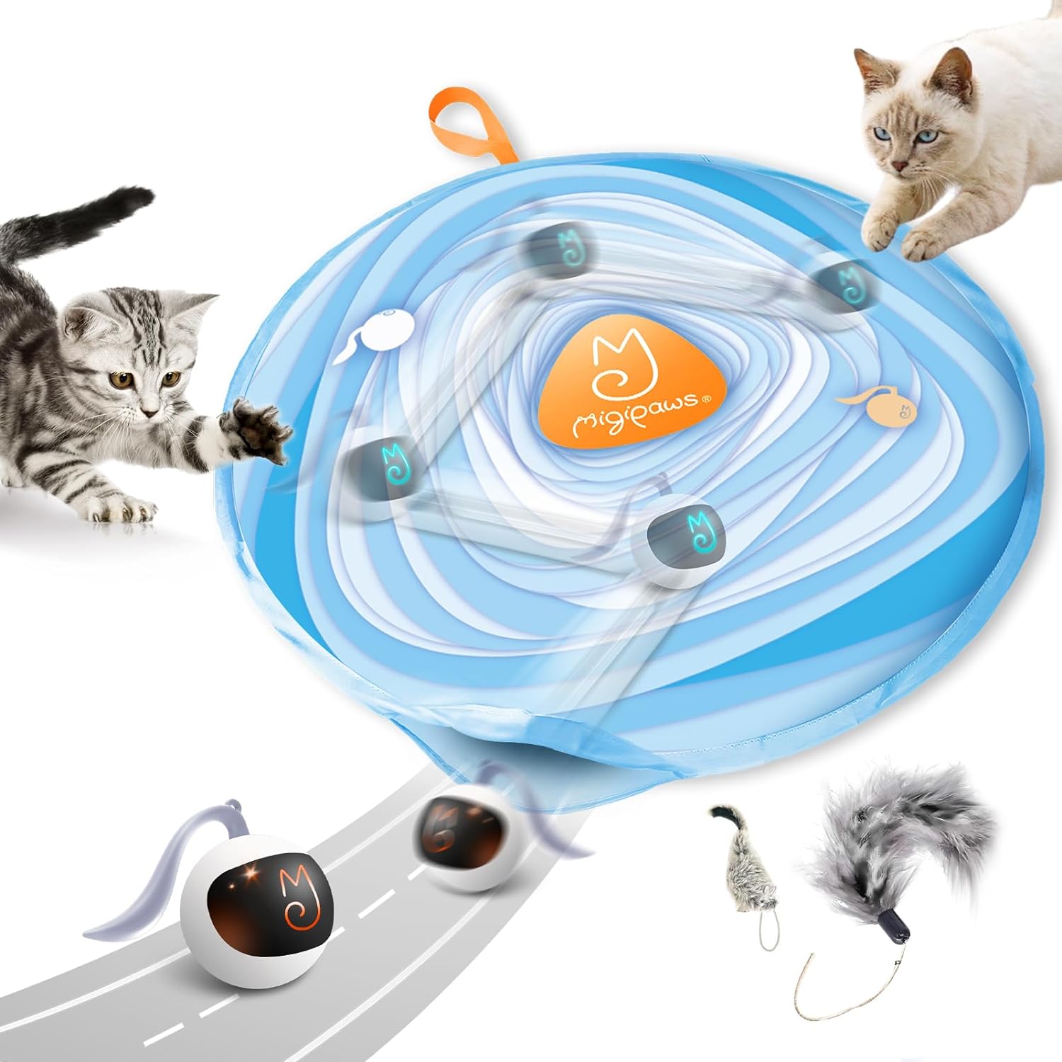 Migipaws Interactive Cat Ball Toy Set, Fun Tracker, Glowing Chase Ball with MystiChaser Pouch, Fluffy Tail, A Small Mice (White)