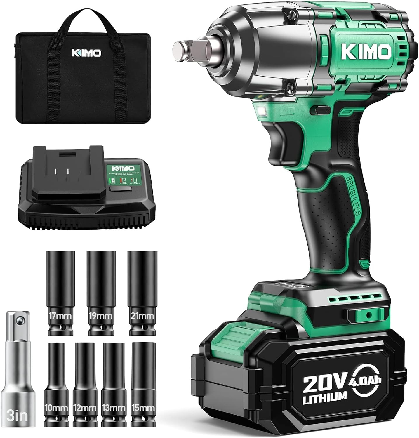 KIMO Cordless Impact Wrench 1/2, Brushless Impact Driver with 332 ft-lb & Max Torque 3000 RPM, 20V Electric Impact Wrench with 4.0 Li-ion Battery & Variable Speeds, 1/2 Impact Gun for Car Home