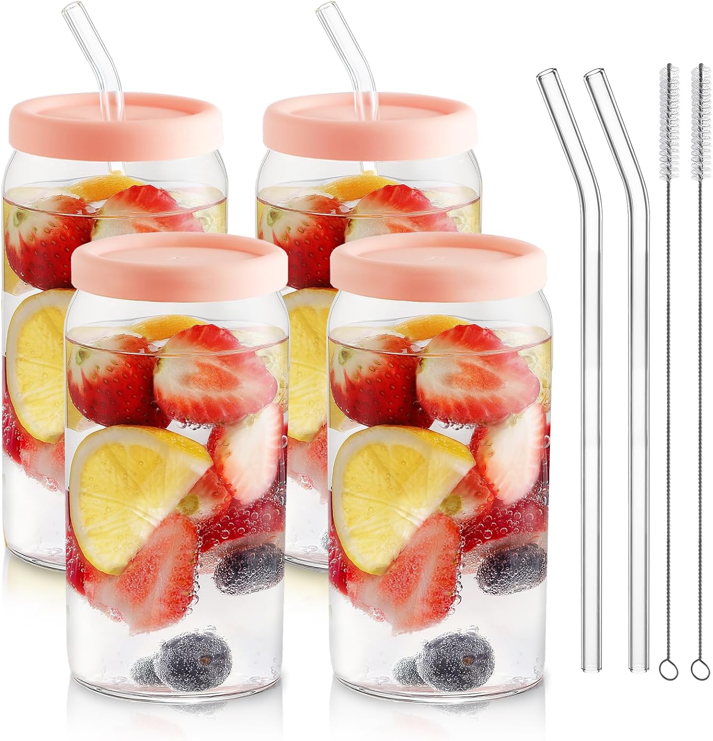 Glass Cups with Silicone Lids 4pcs Set, 20oz Can Shaped Glass Cups with Straws, Beer Glasses, Iced Coffee Cups, Cute Tumbler Cup with Cleaning Brushes, Ideal for Cocktail, Tea, Gift, Pink