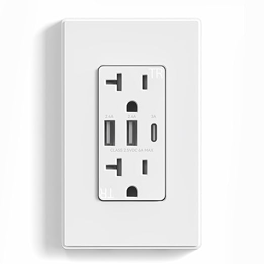 ELEGRP USB Outlets Receptacles, 3-Port USB C Wall Outlet, 30W 6.0A USB Electrical Outlet, 20 Amp Tamper-Resistant Outlet with USB C Ports, UL Listed, Screwless Wall Plate Included, 1 Pack, Matte White