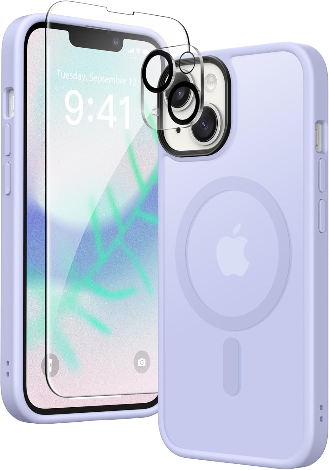 Magnetic Case for iPhone 13 6.1,Compatible with MagSafe,[2 Screen Protector & 2 Camera Cover][Anti-Fingerprint] Slim Translucent Matte Shockproof Phone Protective Case for iPhone 13(Lilac)