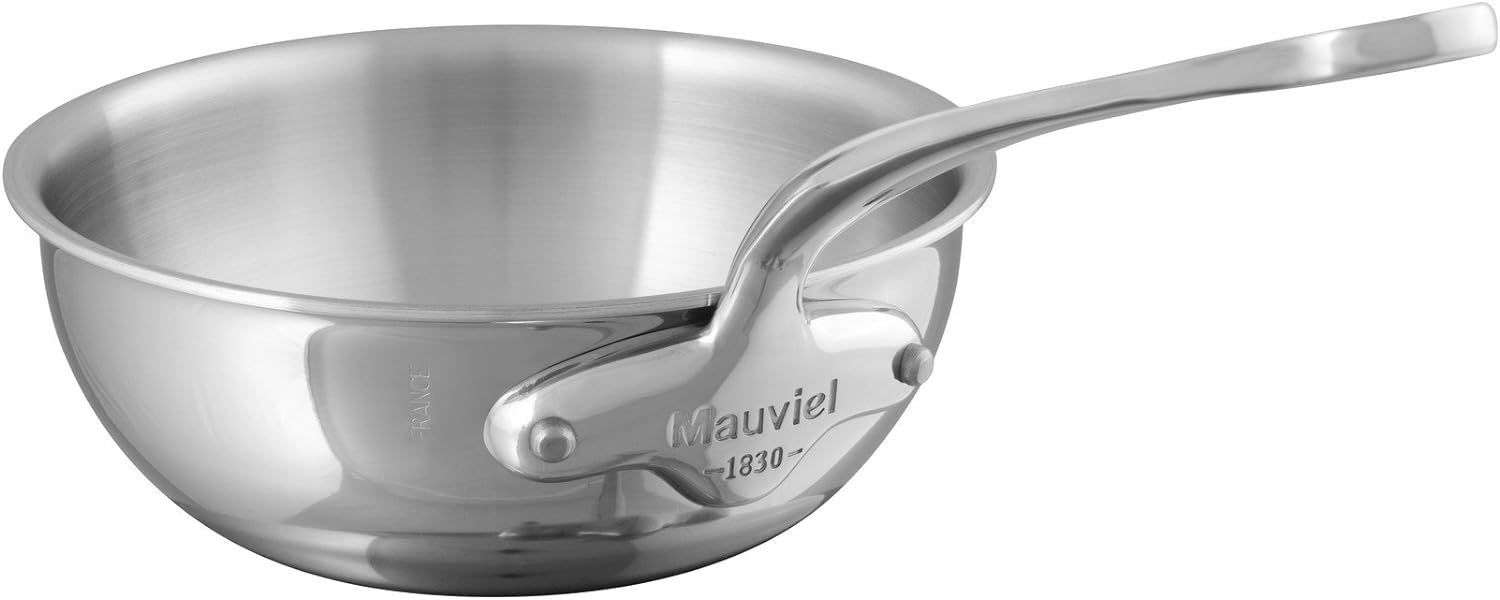 Mauviel M'Cook 5-Ply Polished Stainless Steel Splayed Curved Saute Pan, And Cast Stainless Steel Handle, 2.1-qt, Made In France