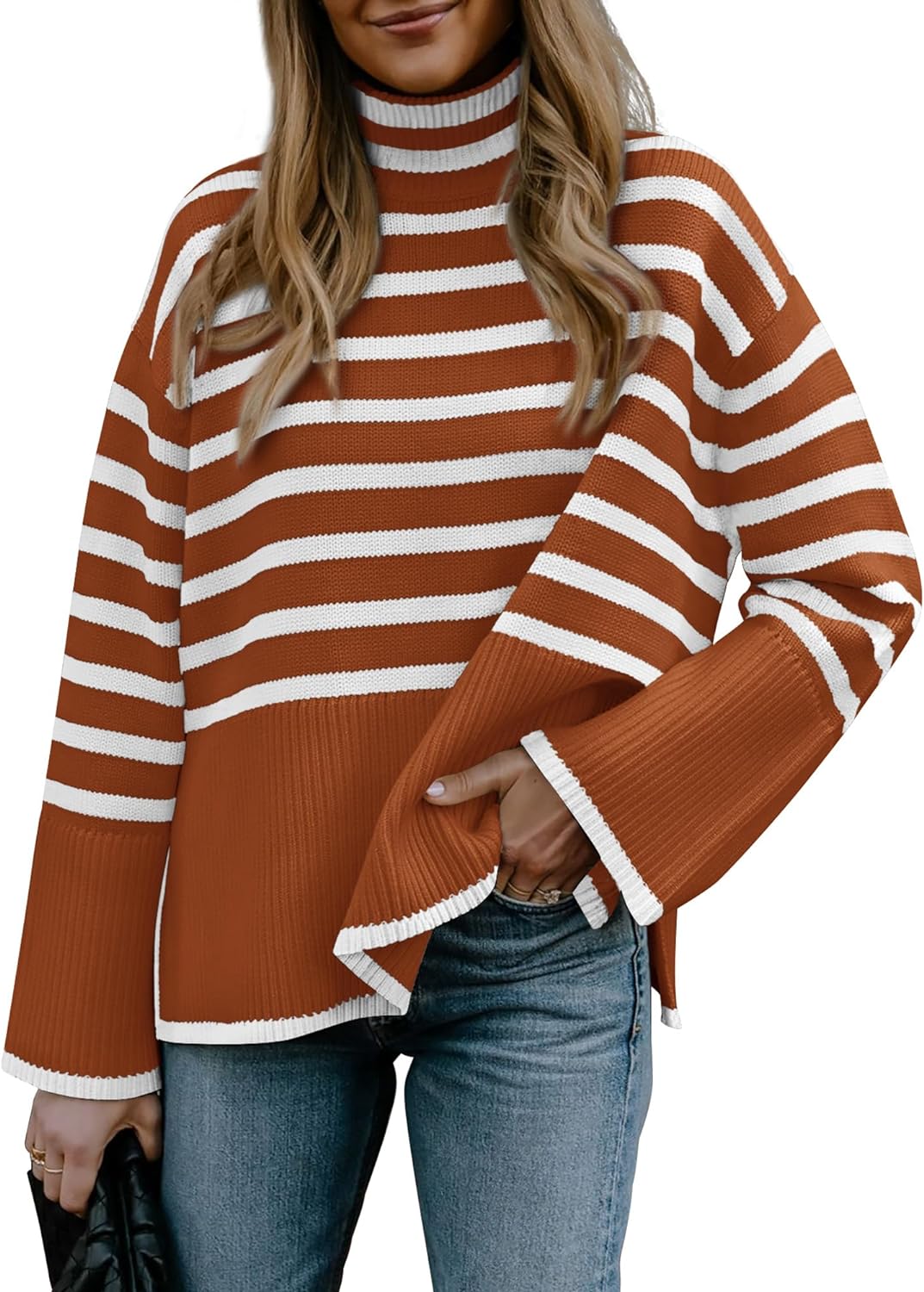 BTFBM Women Casual Turtleneck Striped Sweater 2024 Fall Winter Jumper Tops Long Sleeve Side Slit Oversized Knit Pullover