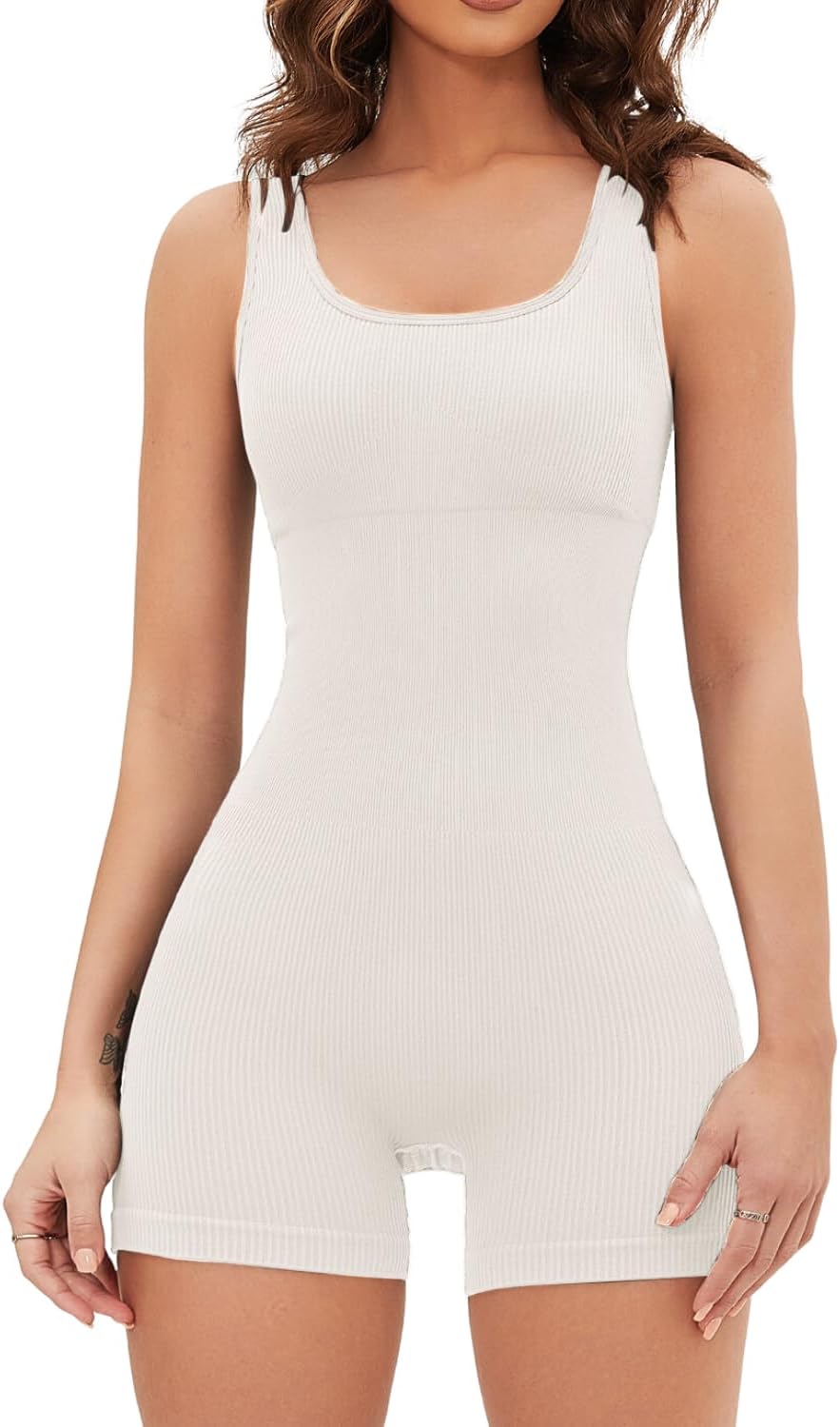 QINSEN Seamless Romper for Women Ribbed Workout Square Neck Padded Bra One Piece Short Jumpsuit