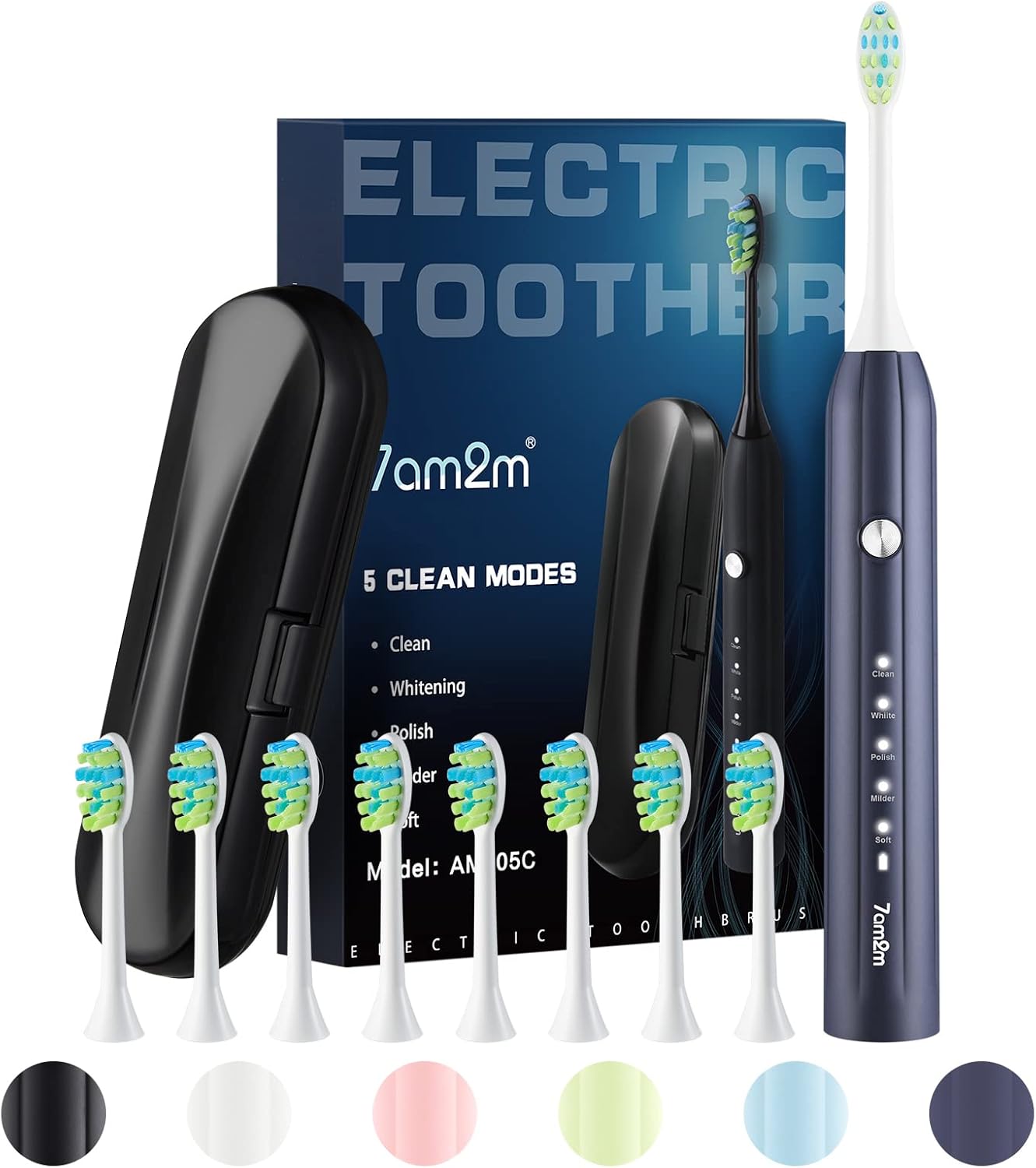 7AM2M Sonic Electric Toothbrush for Adults and Kids, with 6 Brush Heads, 5 Modes with 2 Minutes Build in Smart Timer, Roman Column Handle Design (Blue, with Travel Case)