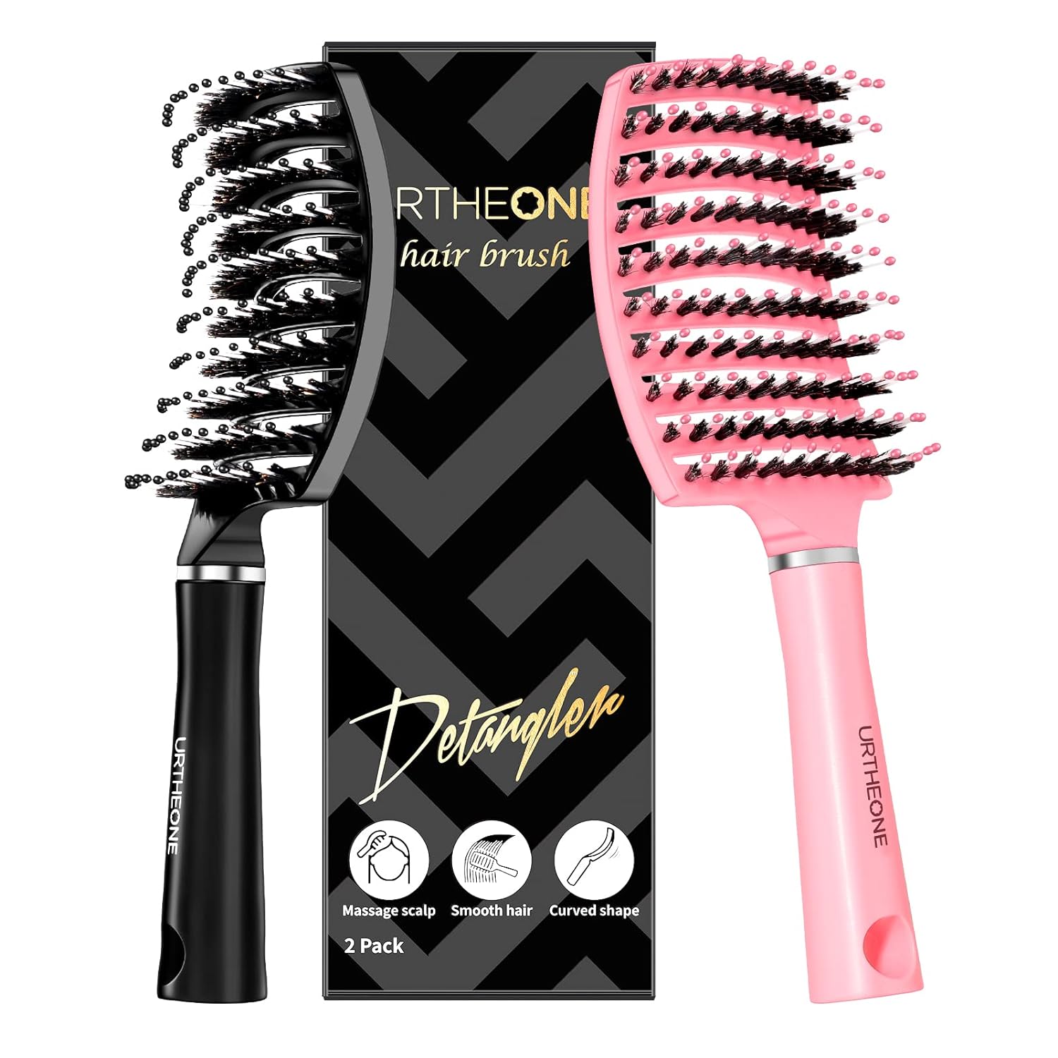 Hair Brush,URTHEONE Detangling Hairbrush Boar Bristle Curved Vented Hair Brush for Women Men Kids Curly Thick Long Short Wet or Dry Hair, Faster Blow Drying(2Pack, Black&Pink)