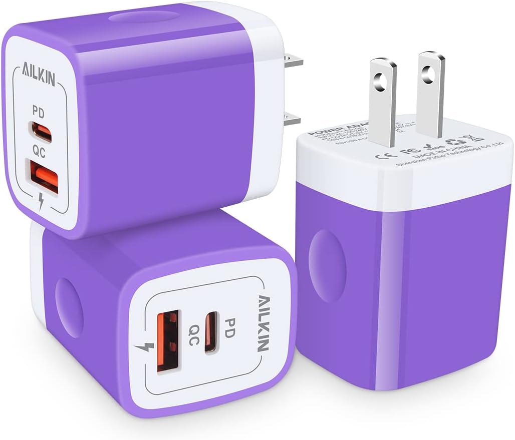 USB C Wall Charger, AILKIN 3Pcs 20W PD + QC3.0 USBC Charger Block Super Fast Power Output Rapid Charging Box Wall Plug Cube for iPhone 13 12, Samsung Galaxy S21, Motorola, LG, Google Pixel 6Pro-Purple