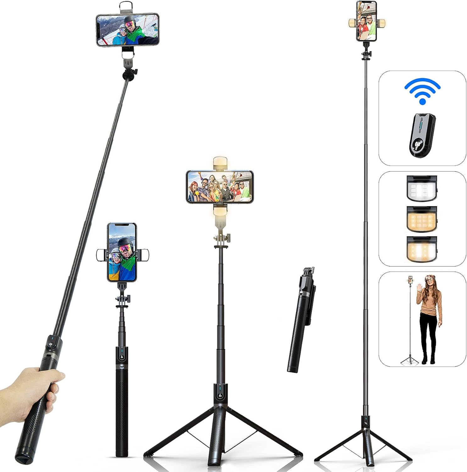 Selfie Stick Phone Tripod with Remote and LED Fill Lights - ASHINER 70 inch Heigh Cell Phone Holder for Travel, Vlogging, Live Streaming Video and Photos,Phone Stand Compatible with iPhone and Android