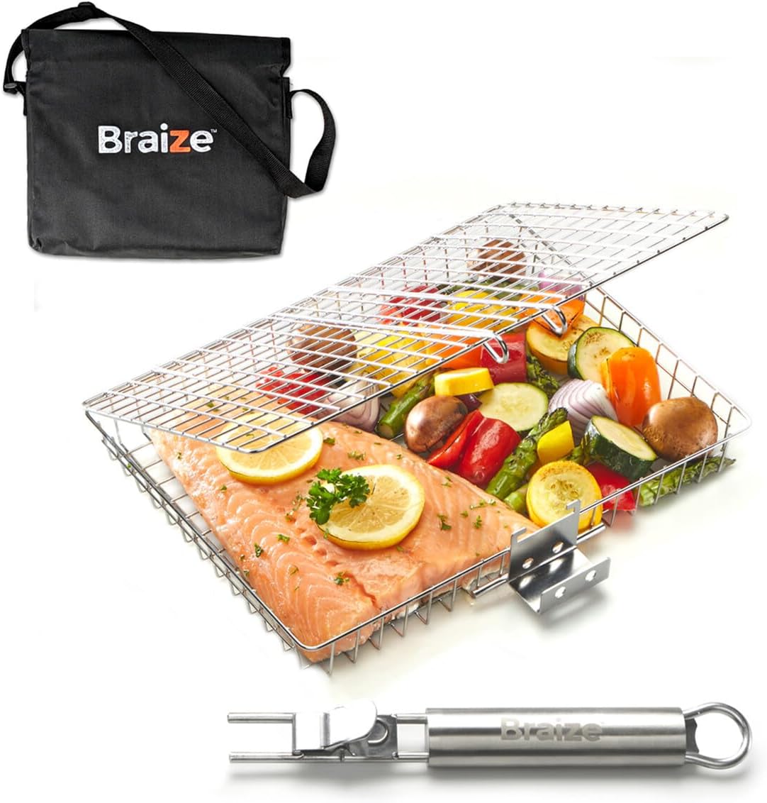 Stainless Steel Large Grill Basket with Easy Open/Close Lid and Removable Handle - 12.25 x 9.5 x 1.5 Inches - Includes Carry/Storage Bag for