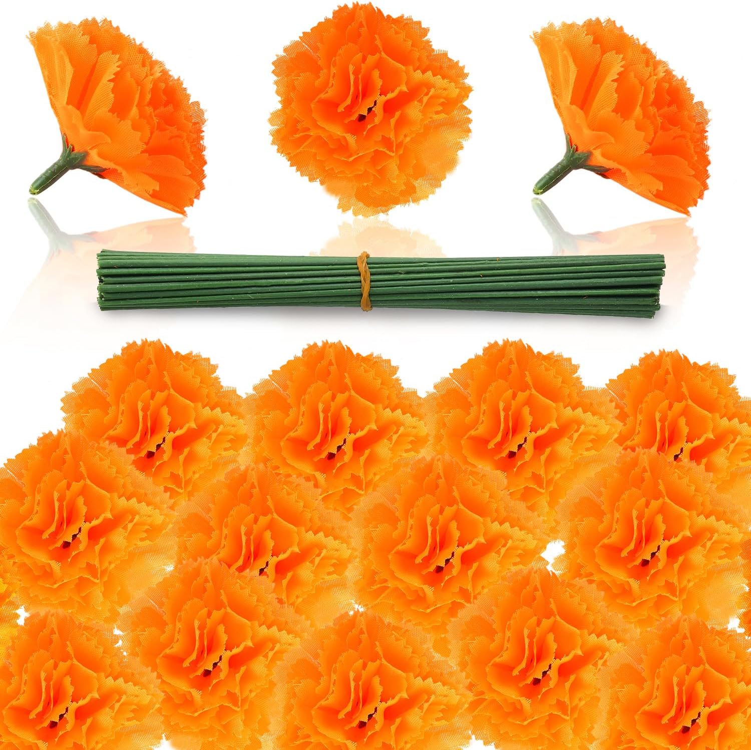 DIYASY Marigold Flowers Bulk, 50 Pcs Artificial Silk Marigolds with Stems Fake Orange Flower Heads for Day of Dead Home Decorations Faux Dia De Los Muertos Altar Dcor Maxico Halloween Garland