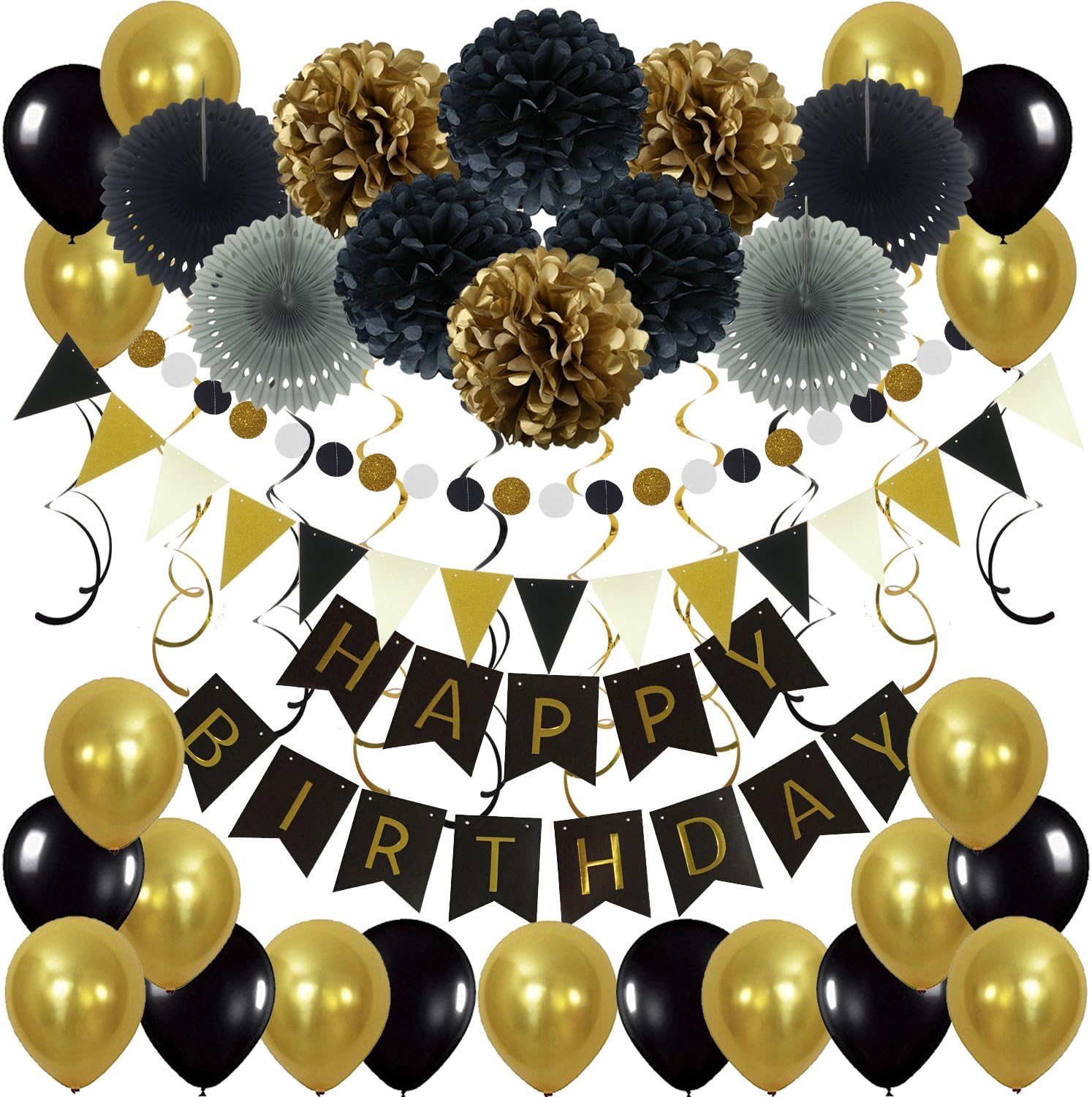 ZERODECO Birthday Decoration Set, Happy Birthday Banner Bunting with 4 Paper Fans Tissue 6 Paper Pom Poms Flowers 10 Hanging Swirls and 20 Balloons for Birthday Party Decorations - Black and Gold