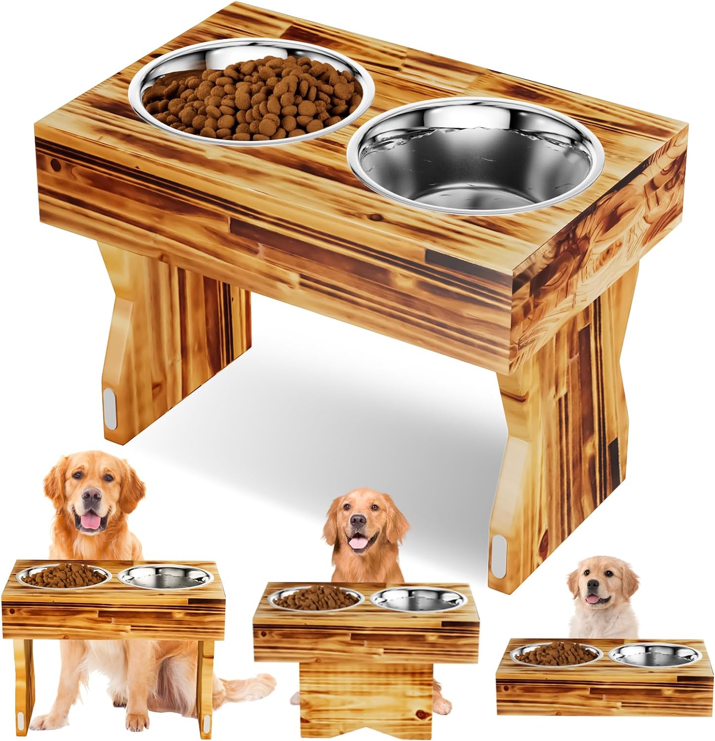 AMENER Thickening Elevated Dog Bowls with 2 Stainless Steel Bowl-3 Adjustable Raised Dog Bowl Stand- Wooden Dog Feeding Station for Small & Medium Dogs