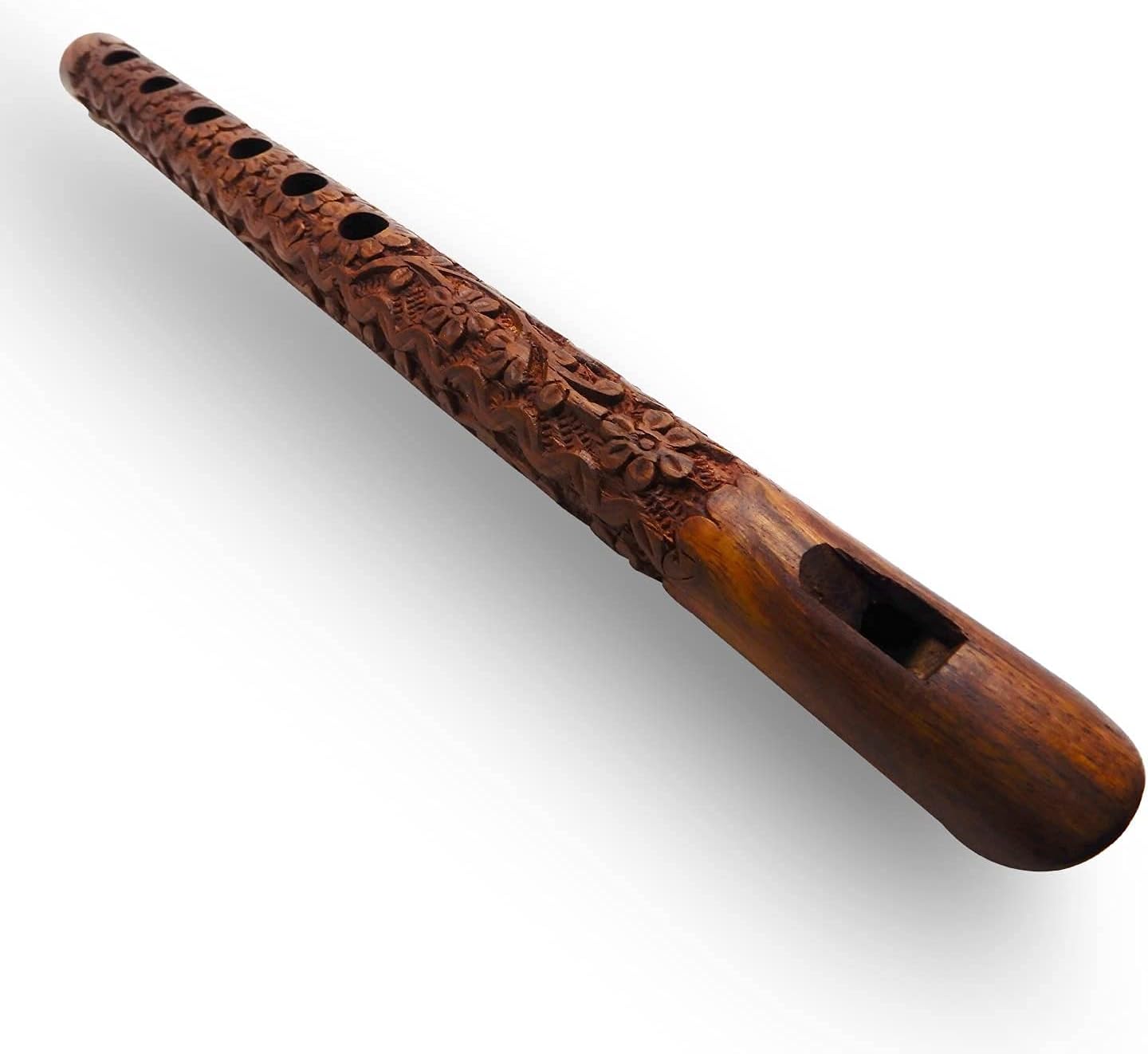 Mouth Woodwind Flute Wooden Traditional Hand Carved, Great Sound Indian Musical Instrument Brown Color 13 Inch