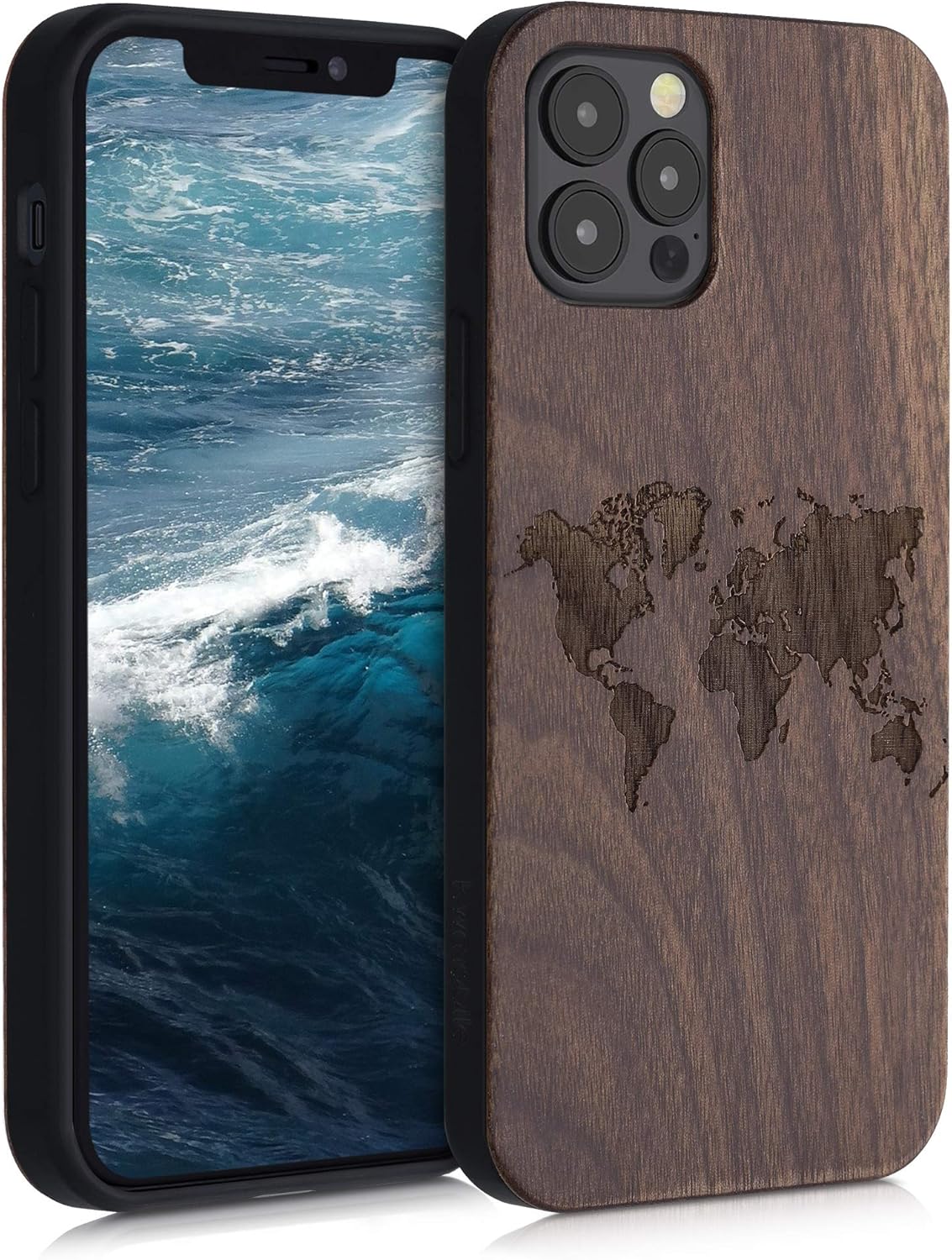 kwmobile Wood Case Compatible with Apple iPhone 12 / iPhone 12 Pro Case - Cover - Travel Outline Dark Brown