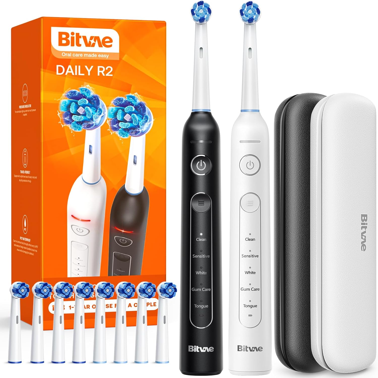 Bitvae Rotating Electric Toothbrush 2 Packs for Adults with Pressure Sensor, Gifts for Men/Women, 5 Modes Rechargeable Power Toothbrush with 8 Brush Heads, Black & White, R2