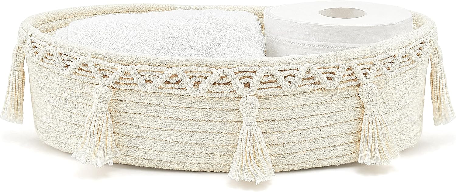 Mkono Small Boho Decor Basket for Bathroom Macrame Cotton Rope Woven Toilet Tank Top Storage Back of Toilet Organizer Tray for Counter Shelf Table Bedroom Living Room Nursery, Ivory, 1 Pack