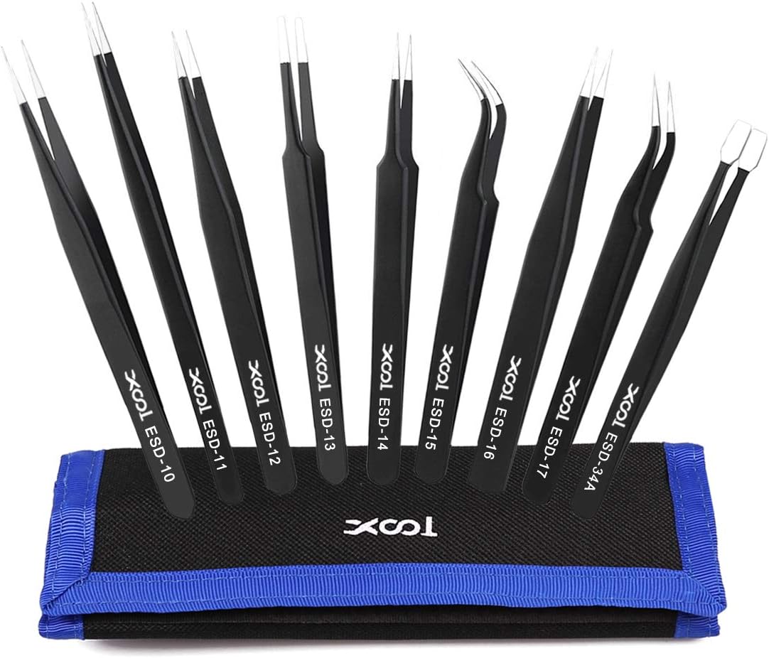 Precision Tweezers Set, XOOL 9 PCS ESD Tweezers Set, Anti-Static Stainless Steel Tweezers Kit, Non-magnetic and Multi-standard Stainless Steel Tweezers for Lab, Electronics, Jewelry and Detailed Work